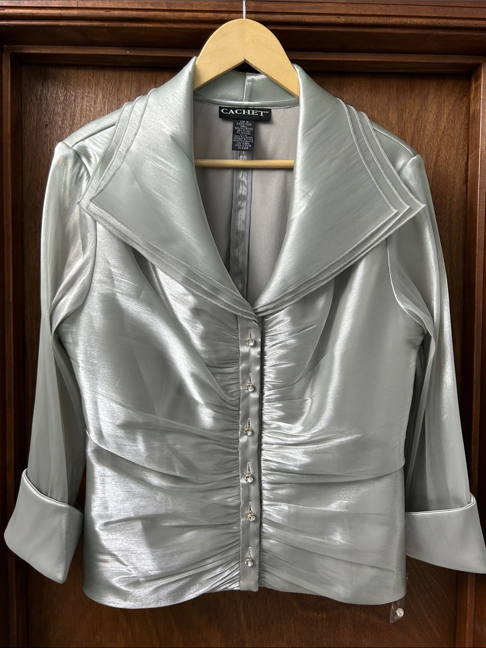 Cachet Sage Silver Satin Ruched Rhinestone Button-Up Blouse